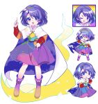  1girl blue_eyes blue_hair boots cloak dress enokishima hairband highres index_fingers_raised long_sleeves multicolored_clothes multicolored_dress multicolored_hairband multiple_views one_eye_closed open_mouth purple_footwear rainbow_gradient short_hair simple_background sky_print smile sweatdrop tenkyuu_chimata touhou white_background white_cloak 
