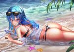  1girl alternate_costume ass beach bikini black_bikini blue_eyes blue_hair blush breasts day earrings eyelashes eyewear_on_head feet_out_of_frame from_side hair_between_eyes hand_up head_rest highres holding hololive hoshimachi_suisei jagoo jewelry long_hair looking_at_viewer lying ocean off_shoulder on_stomach open_mouth outdoors sand sea_cucumber see-through see-through_shirt shiny_skin shirt sidelocks small_breasts smile solo star_(symbol) star_in_eye starfish sunglasses swimsuit symbol_in_eye thighs virtual_youtuber water wet wet_clothes wet_shirt 