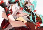  1boy bishounen close-up genshin_impact hand_up highres japanese_clothes kaedehara_kazuha leaf male_focus maple_leaf red_eyes simple_background solo sword weapon white_background white_hair yakipaimon3 