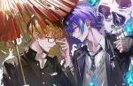  2boys adjusting_eyewear bespectacled blue_hair buttons collared_shirt commentary daenarys diagonal-striped_necktie gakuran glasses grey_sweater hand_up holding holding_umbrella ichigo_ichie_na_hyakki_yagyou!?_(project_sekai) kamishiro_rui lapels long_sleeves lower_teeth_only male_focus matsukaze_tenma multicolored_hair multiple_boys notched_lapels official_alternate_costume official_alternate_hairstyle open_collar open_mouth orange_eyes orange_hair project_sekai purple_hair red_umbrella school_uniform shirt sideways_glance skull streaked_hair sweater teeth torn_umbrella two-tone_hair two-tone_necktie umbrella upper_body yellow_eyes 