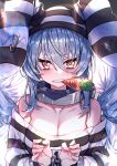  1girl bare_shoulders blue_hair breasts carrot clenched_teeth collarbone commentary cuffs english_commentary hair_between_eyes handcuffs hat highres hololive looking_at_viewer medium_breasts mouth_hold orange_eyes rabbit-shaped_pupils redcomet solo symbol-shaped_pupils teeth thick_eyebrows twintails usada_pekora usada_pekora_(prisoner) virtual_youtuber 
