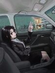  1girl absurdres black_eyes black_hair black_jacket black_skirt building car car_interior collared_shirt fire hand_up highres jacket motor_vehicle okura_lino original rain shirt short_hair sitting skirt solo suit_jacket v white_shirt window 