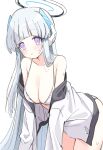  1girl blue_archive blunt_bangs blush bra breasts cowboy_shot halo headphones highres jacket large_breasts leaning_forward long_hair looking_at_viewer noa_(blue_archive) parted_lips purple_eyes sentouryoku_5 simple_background sketch solo sweat underwear white_background white_bra white_hair white_jacket 