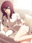  1girl breasts couch fate/grand_order fate_(series) hair_intakes indoors large_breasts looking_at_viewer naomi_gumbs_(hanamimi) pillow purple_hair red_eyes ribbed_sweater scathach_(fate) smile solo sweater turtleneck turtleneck_sweater 