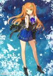  1girl amiami_(company) amico bare_legs black_footwear black_jacket black_vest blue_skirt butter collared_shirt flower food full_body ginka_sima green_eyes hair_ornament highres jacket long_hair long_sleeves looking_at_viewer off_shoulder official_art open_clothes open_jacket orange_hair shirt skirt smile solo standing two_side_up very_long_hair vest white_shirt 