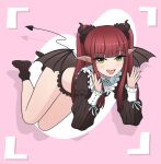  1girl absurdres black_nails black_panties black_shirt black_socks black_wings blunt_bangs bobby_socks collar commentary demon_girl demon_horns demon_tail demon_wings double_v fangs frilled_collar frilled_panties frills green_eyes highres horns kano_(nakanotakahiro1029) long_hair long_sleeves looking_at_viewer open_mouth panties pink_background pointy_ears red_hair rizu-kyun shadow shirt sidelocks smile socks solo sono_bisque_doll_wa_koi_wo_suru tail two_side_up underwear v viewfinder wings 