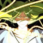  030_fate 1other androgynous chain enkidu_(fate) fate/strange_fake fate_(series) glowing glowing_chain glowing_eyes green_hair hair_between_eyes highres long_hair looking_at_viewer robe smile solo straight-on telekinesis upper_body very_long_hair white_robe yellow_eyes 