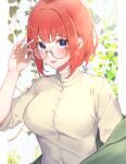 1girl :p adjusting_eyewear alternate_costume blue_eyes blunt_bangs blush breasts buttons casual closed_mouth commentary eyelashes glasses go-toubun_no_hanayome hair_down hand_up highres kakato_0 large_breasts leaf long_sleeves looking_at_viewer nakano_nino off_shoulder red_hair round_eyewear shirt short_hair sidelocks simple_background smile solo straight_hair tongue tongue_out upper_body white_background white_shirt 