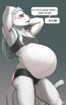  2023 anthro artist_name athletic athletic_anthro athletic_female bbpxls belly big_belly blue_hair blush breasts colored digital_media_(artwork) english_text erect_nipples_under_clothes felid feline female fur hair hi_res jen_(bbpxls) looking_aside looking_at_viewer mammal monotone_body monotone_fur monotone_hair navel nipple_outline outie_navel pink_nose pregnant red_eyes shaded small_breasts solo text white_body white_fur 