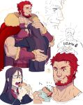  2boys bara beard between_pectorals black_hair black_jacket burger cape closed_eyes couple eating face_to_pecs facial_hair fate_(series) food food_on_face fur-trimmed_cape fur_trim glasses head_between_pecs highres holding holding_food hug iskandar_(fate) jacket jeje_(pixiv12541114) large_pectorals long_hair lord_el-melloi_ii lord_el-melloi_ii_case_files male_focus multiple_boys muscular muscular_male necktie open_mouth pectorals red_cape red_hair red_shirt shirt short_hair smile waver_velvet white_shirt yaoi 