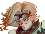  1girl animification apex_legends artist_name blood blood_on_face brown_hair floating_hair goggles goggles_on_head green_eyes highres horizon_(apex_legends) looking_at_viewer mizuno.nf portrait short_hair simple_background smile solo spacesuit white_background 