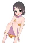  1girl barefoot bikini bikini_bottom_removed black_eyes black_hair blush buta_tsuzumi collarbone commentary_request flat_chest gold_bikini hair_ornament hairclip highres idolmaster idolmaster_cinderella_girls legs looking_at_viewer open_mouth pussy pussy_peek rabbit_hair_ornament sasaki_chie short_hair sitting smile solo strap_slip swimsuit thighs undressing white_background yellow_bikini 