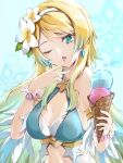  1girl aqua_bikini bikini blonde_hair blue_eyes breasts clear_glass_(mildmild1311) double_scoop earrings feather_trim fire_emblem fire_emblem_heroes fjorm_(fire_emblem) fjorm_(summer)_(fire_emblem) flower flower_hairband food gradient_hair hair_flower hair_ornament highres holding holding_food holding_ice_cream ice_cream ice_cream_cone jewelry long_hair looking_at_viewer medium_breasts multicolored_hair official_alternate_costume open_mouth swimsuit waffle_cone 