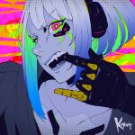  1girl artist_name colored_inner_hair cyberpunk_(series) cyborg fangs green_eyes headphones highres koyorin looking_at_viewer mechanical_arms multicolored_hair open_mouth pink_eyes short_hair single_mechanical_arm solo two-tone_eyes upper_body 