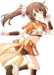  1girl brown_hair crop_top highres long_hair looking_at_viewer magia_record:_mahou_shoujo_madoka_magica_gaiden magical_girl mahou_shoujo_madoka_magica midriff miniskirt one_eye_closed open_mouth orange_eyes rikopin running side_ponytail skirt smile solo yui_tsuruno 