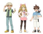  1girl 2boys ahoge android animal_on_shoulder black_pantyhose blue_eyes brown_hair cat cat_on_shoulder eyelashes female_child full_body goshogawara_elm green_eyes hair_between_eyes hat highres long_sleeves looking_at_viewer male_child multiple_boys non-humanoid_robot orange_hair original pants pantyhose pink_shirt robot robot_animal shirt shoes short_sleeves smile toeless_footwear toes v white_background white_pants 