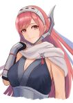  1girl arm_armor armor black_gloves breasts cherche_(fire_emblem) cherche_(ninja)_(fire_emblem) cleavage closed_mouth elbow_gloves fingerless_gloves fire_emblem fire_emblem_awakening fire_emblem_heroes gloves highres japanese_armor labebebe_lee long_hair looking_at_viewer ninja official_alternate_costume pink_eyes pink_hair scarf sleeveless solo white_background white_scarf 