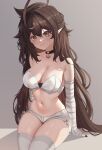  1girl absurdres ahoge arms_at_sides bandaged_arm bandages bare_shoulders black_nails breasts brown_eyes brown_hair bustier choker cleavage closed_mouth hair_between_eyes head_tilt heart heart_choker highres huge_ahoge large_breasts long_hair looking_at_viewer messy_hair micro_shorts midriff navel original pointy_ears shorts simple_background sitting sky_above_me smile solo strapless thighhighs very_long_hair white_bustier white_shorts white_thighhighs 