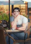  1boy black_eyes black_hair cafe coffee denim hand_on_own_cheek hand_on_own_face highres jeans looking_at_viewer male_focus muscular muscular_male original pants pet plant salad shirt smile ssong-ga umbrella white_shirt 