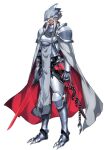  1boy armor cape chain dark-skinned_male dark_skin ear_piercing full_body grey_cape grey_hair helmet katagiri_hachigou legs_apart long_hair male_focus personification piercing pokemon red_cape short_hair_with_long_locks shoulder_armor simple_background skarmory solo standing sword two-sided_fabric two-tone_cape weapon white_background 