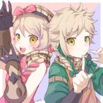  1boy 1girl blonde_hair brother_and_sister clanne_(fire_emblem) fire_emblem fire_emblem_engage framme_(fire_emblem) green_hair looking_at_viewer mojakkoro multicolored_hair open_mouth pink_hair siblings teeth twins two-tone_hair upper_teeth_only yellow_eyes 