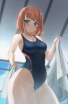  1girl black_one-piece_swimsuit braid breasts brown_hair commission competition_swimsuit contrapposto farka_murenkamp green_eyes highres medium_breasts muvluv muvluv_alternative one-piece_swimsuit pearlbbbb schwarzesmarken short_hair side_braid solo swimsuit towel two-tone_swimsuit 