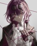  1girl black_jacket chest_harness closed_mouth collared_shirt dappled_sunlight eyewear_on_head gloves grey_background hair_between_eyes hand_on_own_cheek hand_on_own_face harness highres honkai:_star_rail honkai_(series) jacket jewelry kafka_(honkai:_star_rail) long_hair long_sleeves looking_at_viewer multiple_rings nozz177 pointing pointing_at_viewer purple_eyes purple_gloves purple_hair ring round_eyewear shirt sidelocks simple_background smile solo sunglasses sunlight upper_body white_shirt 
