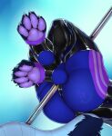  ampwave anthro blue_body blue_fur butt claws claws_out clothing dancing feet freakuency fur fur_markings hi_res latex latex_legwear latex_stockings male markings pawpads paws pink_body pink_fur pole pole_dancing purple_body purple_fur rexwind rubber rubber_clothing rubber_suit solo tail watermark wololoo~ 
