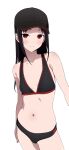  1girl absurdres baseball_cap bikini black_hair blush breasts closed_mouth coro_fae hat highres kaguya-sama_wa_kokurasetai_~tensai-tachi_no_renai_zunousen~ looking_at_viewer navel red_eyes shinomiya_kaguya simple_background small_breasts solo stomach swimsuit tankini white_background 