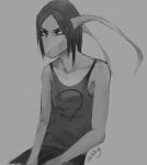  2016 akrolayn ambiguous_gender anthro black_sclera clothed clothing digital_media_(artwork) digital_painting_(artwork) eyebrows frown fully_clothed grey_clothing grey_eyes grey_hair grey_shirt grey_tank_top grey_topwear greyscale hair long_ears monochrome portrait reptile scalie shaded shirt signature sitting solo tank_top three-quarter_portrait three-quarter_view topwear unavailable_at_source 
