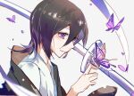  1girl black_hair bleach bug butterfly butterfly_on_hand closed_mouth from_side hair_between_eyes japanese_clothes kimono kuchiki_rukia long_bangs looking_down purple_eyes short_hair siheruyi sode_no_shirayuki_(shikai) sword upper_body weapon zanpakutou 