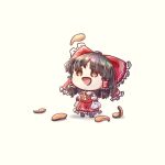  1girl black_footwear black_hair brown_eyes chibi detached_sleeves dress eating food frills hakurei_reimu highres looking_up open_mouth red_dress red_ribbon ribbon salmon suna_sen touhou white_background 