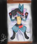  animal_genitalia animal_penis anthro bed blush blush_lines bodily_fluids canine_genitalia canine_penis cum embarrassed embarrassed_nude_male furniture generation_4_pokemon genital_fluids genitals knot leaking_cum looking_away lucario lying lying_on_bed male musk musk_clouds nintendo on_back on_bed pawpads penis pillow pokemon pokemon_(species) razashi red_eyes signature sketch solo spread_legs spreading submissive submissive_male 