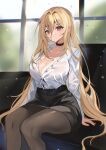  1girl absurdres azur_lane black_choker black_pantyhose black_skirt blonde_hair breasts choker cleavage closed_mouth collarbone hair_intakes high-waist_skirt highres implacable_(azur_lane) implacable_(shepherd_of_the_&quot;lost&quot;)_(azur_lane) indoors komuer large_breasts long_bangs long_hair long_sleeves looking_at_viewer official_alternate_costume pantyhose partially_unbuttoned pencil_skirt red_eyes shirt shirt_tucked_in sitting skirt solo teacher very_long_hair white_shirt window 