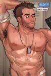  1boy abs arm_behind_head armpit_hair armpits bara beard_stubble call_of_duty call_of_duty:_modern_warfare_2 dog_tags highres inverted_nipples large_pectorals looking_at_phone male_focus mature_male muscular muscular_male mustache_stubble navel navel_hair nipples nude one_eye_closed pectorals phone presenting_armpit selfie short_hair sideburns soap_(modern_warfare_2) solo stomach sweat text_messaging undercut upper_body very_sweaty wow9bro 