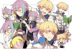  2boys absurdres animal_ears ascot black_vest blonde_hair blue_hair blue_shirt book cat_ears cat_tail chibi chibi_inset clenched_teeth closed_mouth collared_jacket collared_shirt dog_ears dog_tail fang gloves gold_trim highres holding holding_book hoshi-toge index_finger_raised jacket kamishiro_rui kemonomimi_mode looking_at_viewer multicolored_hair multiple_boys multiple_views one_eye_closed open_mouth pointing project_sekai purple_hair ribbon shirt smile streaked_hair tail teeth tenma_tsukasa vest white_ascot white_gloves white_jacket yellow_eyes yellow_ribbon 