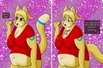  belly big_belly big_breasts blue_eyes breasts cake dessert domestic_cat english_text felid feline felinelux felis food fur hi_res huge_breasts lux_(felinelux) mammal micro overweight text yellow_body yellow_fur 