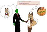  4chan anon anonymous_artist anthro averi_(fiddleafox) black_tie_(suit) brown_body brown_fur canid canine clothing colored dipstick_tail dress duo female female_anthro food fox fur gloves_(marking) hair hand_holding hi_res human leg_markings male male/female mammal markings socks_(marking) standing suit tail tail_markings thought_bubble wedding_dress white_body white_fur 