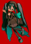  1girl absurdres aqua_cape beret black_pantyhose blue_eyes blue_hair brown_cape brown_dress bug_miku_(project_voltage) cape dress drill_hair expressionless foot_up full_body hair_between_eyes hair_through_headwear hand_on_own_chest hat hatsune_miku highres jewelry long_hair long_sleeves looking_at_viewer medlic music musical_note pantyhose pokemon project_voltage red_background ring sidelocks simple_background singing solo twin_drills two-tone_cape very_long_hair vocaloid white_nails 