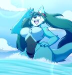  2023 anthro big_breasts blue_body blue_eyes blue_fur breasts canid canine clothing cloud digital_media_(artwork) divafox eyelashes fan_character female fox fur green_hair hair hair_over_eye hand_on_hip hi_res long_hair looking_at_viewer mammal one-piece_swimsuit one_eye_obstructed open_mouth outside overlordgirgy pigtails sea solo swimwear tongue twintails_(hairstyle) vocaloid water white_body white_fur 