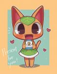  absurdres animal_crossing animal_ears blush box cat cat_ears cat_girl cat_tail dress english_text fang furry furry_female gem gift gift_box green_dress haippp heart highres holding holding_gift leaf open_mouth orange_fur tail tangy_(animal_crossing) 