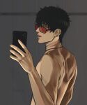  1boy artist_name back bathroom black_hair cellphone einruji from_side highres holding holding_phone jewelry male_focus muscular muscular_male necklace nicholas_d._wolfwood orange-tinted_eyewear parted_lips phone short_hair smartphone solo sunglasses taking_picture tile_wall tiles tinted_eyewear topless_male trigun trigun_stampede 
