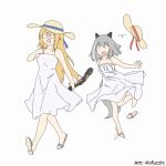  2girls animal_ears blonde_hair detached_arm dress grey_hair holding_hands jaana_kettu kofucchi long_hair mechanical_arms multiple_girls open_mouth original sandals second-party_source short_hair single_mechanical_arm sketch smile sundress tail tripping wakaba-tan walking wide_brim wolf_ears wolf_tail 