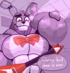  animatronic anthro beetleartz black_nose bonnie_(fnaf) bow_tie chest_tuft five_nights_at_freddy&#039;s floppy_ears guitar hi_res humanoid lagomorph leporid long_ears machine male mammal muscle_male muscular musical_instrument pecs plucked_string_instrument purple_background purple_body rabbit red_bow_tie red_eyes robot scottgames simple_background solo string_instrument tuft worried_face 