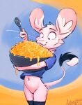 animancer belly bottomless cheese clothed clothing cutlery dairy_products dipodid female food hi_res jerboa kitchen_utensils luck_(animancer) mac_and_cheese macaroni mammal pasta rodent spoon tools 