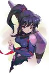  1girl bangs black_hair bodysuit boomerang breasts closed_mouth full_body highres inuyasha japanese_clothes kimono long_hair looking_at_viewer makeup md5_mismatch medium_breasts ponytail purple_eyes resolution_mismatch sango shop_p smile solo source_larger weapon white_background 