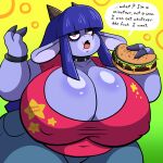  1:1 2021 absurd_res anthro bangs belly big_breasts black_eyeshadow blunt_bangs bottomwear bovid bovine breasts burger cattle clawed_fingers cleavage clothed clothing collar curvy_figure denim denim_clothing dialogue eating english_text european_mythology eyeshadow fangs female food glistening glistening_breasts gradient_background greek_mythology green_background hair half-closed_eyes half-length_portrait hi_res hime_cut horn huge_breasts huge_thighs jeans looking_at_viewer makeup mammal mascara mia_(prinnydood) minotaur mythology narrowed_eyes nipple_outline obese obese_anthro obese_female overweight overweight_anthro overweight_female pants pink_eyes portrait prinnydood profanity purple_hair red_clothing red_shirt red_topwear shirt simple_background solo speech_bubble spiked_collar spikes talking_to_viewer teeth text thick_thighs topwear voluptuous wide_hips wristband yellow_background 