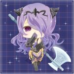  1girl axe black_tiara camilla_(fire_emblem) chibi covering_mouth fire_emblem fire_emblem_fates hair_over_one_eye hand_over_own_mouth holding holding_axe kotoriya_kuguri looking_at_viewer purple_eyes purple_hair smile 