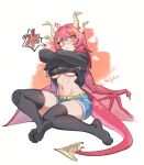 1girl anger_vein black_bra black_shirt black_thighhighs blue_shorts blush bra breasts closed_mouth commentary commission dragon_girl dragon_horns dragon_tail dragon_wings english_commentary eyelashes feet full_body horns legs long_hair multiple_horns navel no_shoes orange_eyes original pink_hair pink_tail shadow shirt short_shorts shorts signature sin_(sintrybest) sitting skindentation soles solo spoken_anger_vein tail thighhighs thighs toes toned underboob underwear undressing wings 