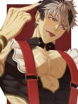  absurd_res apron clothing crimzon_ruze ear_piercing ear_ring elf gesture hair hi_res hololive hololive_en humanoid humanoid_pointy_ears lackabun male middle_finger multicolored_hair muscular muscular_humanoid muscular_male pecs piercing purple_eyes ring_piercing scar solo vtuber 